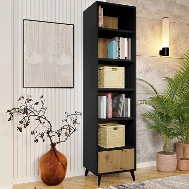 Libreria 50x192cm 5 vani a giorno 1 cassetto rovere nero Hans