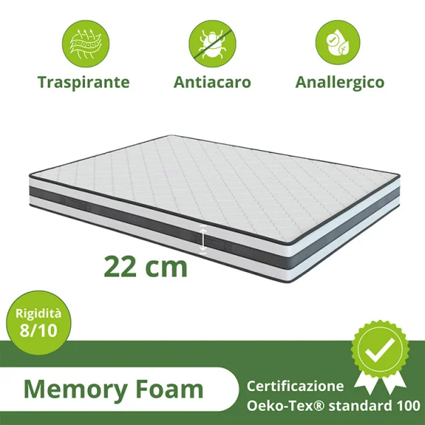 Materasso matrimoniale 160x190cm memory antiacaro H.22cm Memory Deluxe
