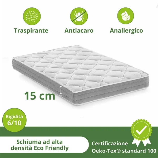 Materasso matrimoniale 160x200cm anallergico antiacaro H.15cm Smart Sleep