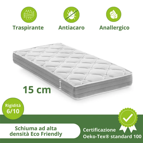 Materasso singolo 80x190cm anallergico antiacaro H.15cm Smart Sleep