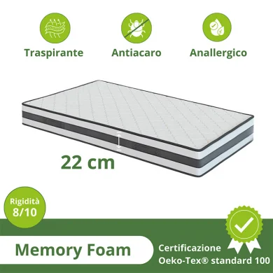 Materasso singolo 80x190cm memory antiacaro H. 22cm Memory Deluxe