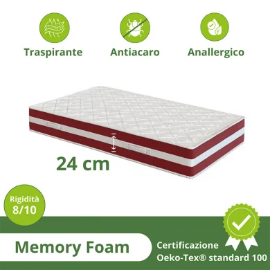 Materasso singolo 80x200cm doppio strato memory antiacaro H. 24cm Superior Memory