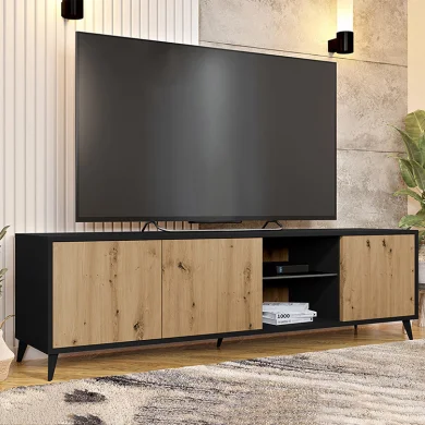 Mobile porta tv 180x52cm 2 vani a giorno 3 ante rovere nero Hans