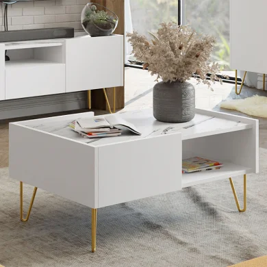 Tavolino da soggiorno 97x45cm 1 vano a giorno 1 cassetto marmo bianco Visby