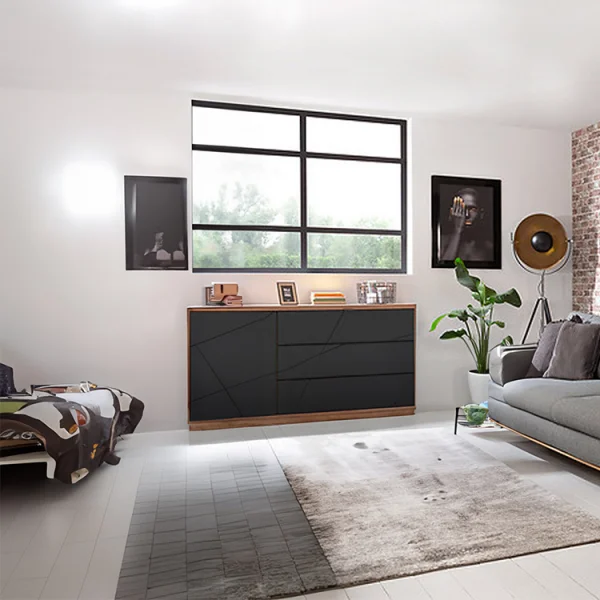 Credenza 156x93cm 3 cassetti 1 anta rovere scuro nero opaco Elin