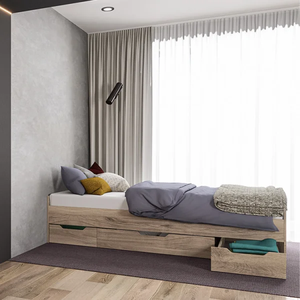 Letto singolo 90x200cm 3 cassetti rovere chiaro Kabala