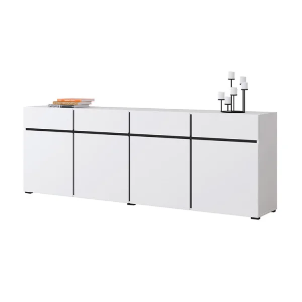 Madia moderna 225x78cm 4 ante 4 cassetti bianco opaco nero Lolla