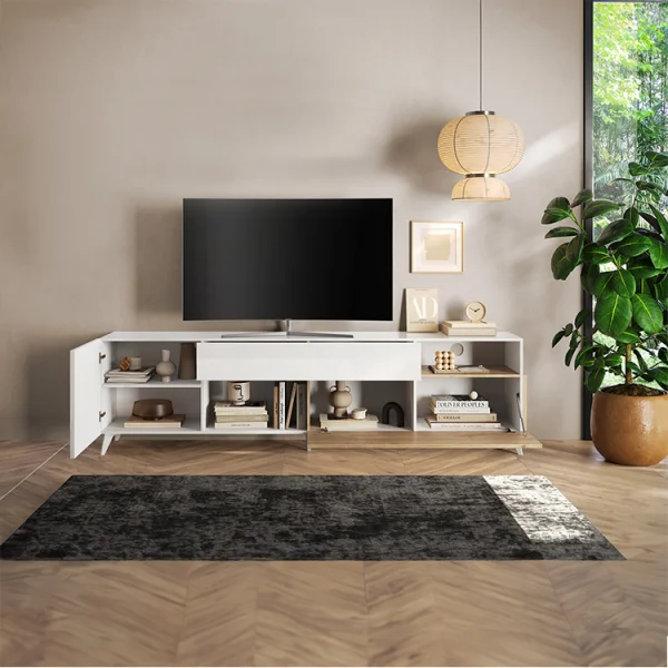 Mobile tv 241x67cm 2 ante 1 cassetto bianco lucido rovere chiaro Witty