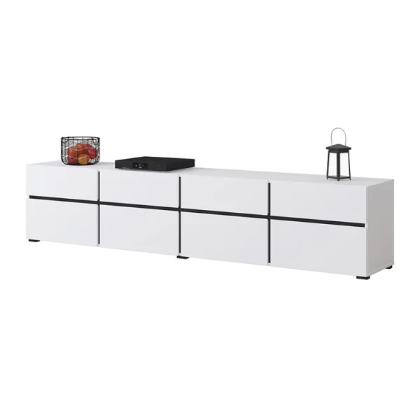 Mobile porta tv moderno 225x48cm 4 ante a ribalta 4 cassetti bianco opaco nero Lolla