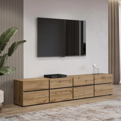 Mobile porta tv moderno 225x48cm 4 ante a ribalta 4 cassetti rovere nero Lolla