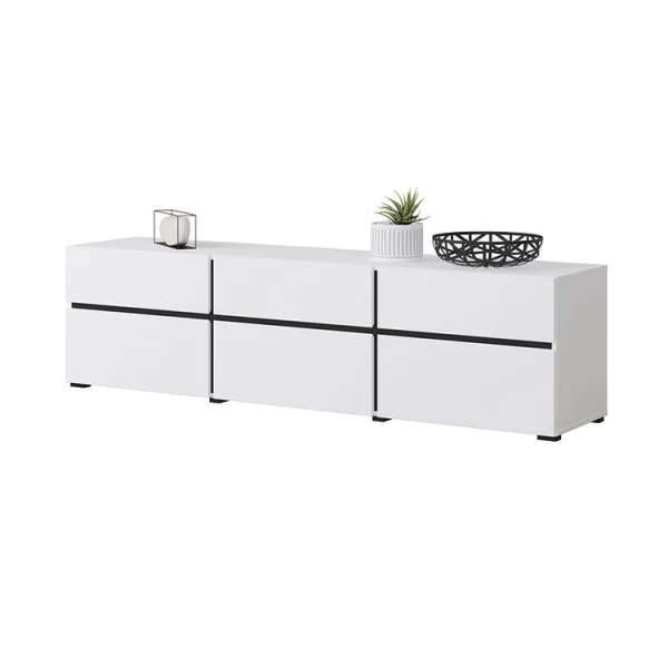 Mobile porta tv moderno 180x48cm 3 ante a ribalta 3 cassetti bianco opaco nero Lolla