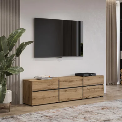 Mobile porta tv moderno 180x48cm 3 ante a ribalta 3 cassetti rovere nero Lolla