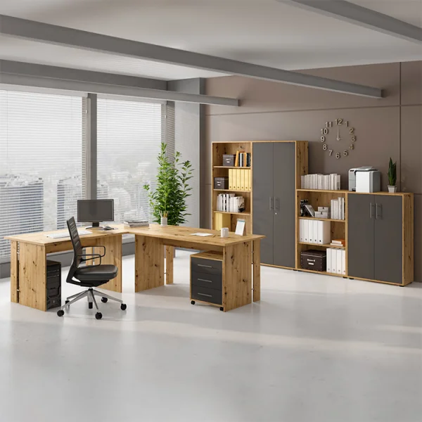 Scrivania ufficio angolare 228x198cm con cassettiera rovere grafite Woody