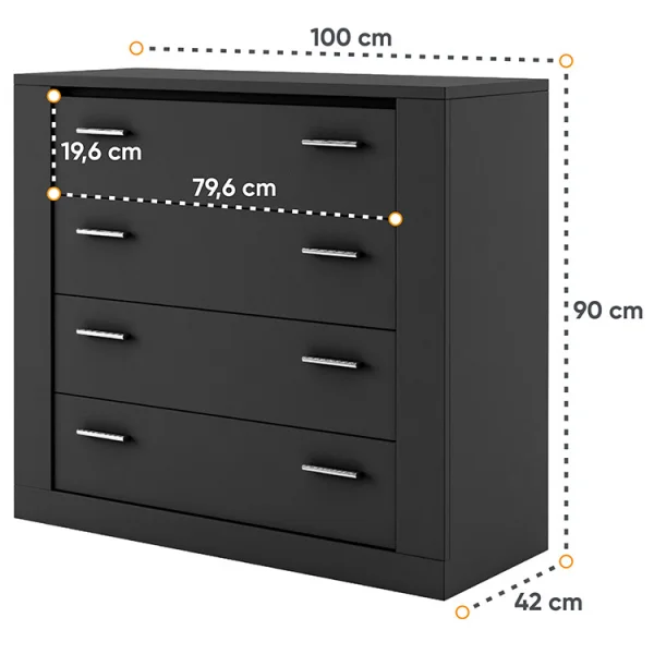 Cassettiera 4 cassetti 100x90cm Nero Ombra