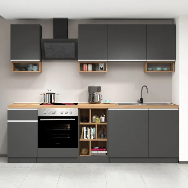 Cucina 255cm componibile lineare moderna antracite rovere Gourmet Elegance