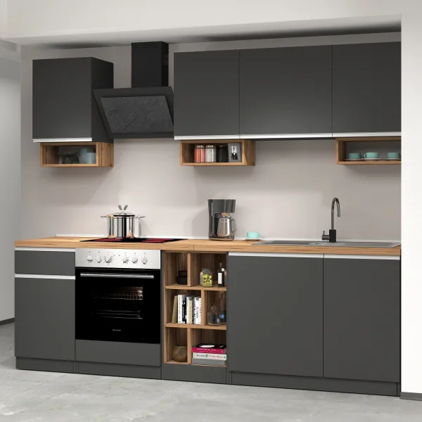 Cucina 255cm componibile lineare moderna antracite rovere Gourmet Elegance