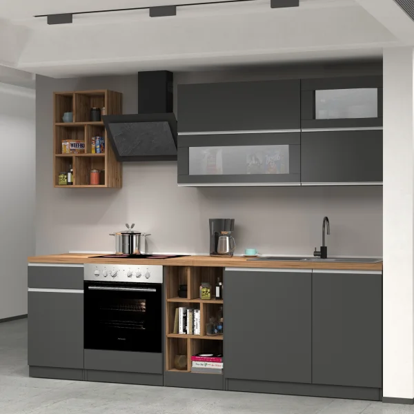 Cucina 255cm componibile lineare moderna antracite rovere Gourmet Prestige