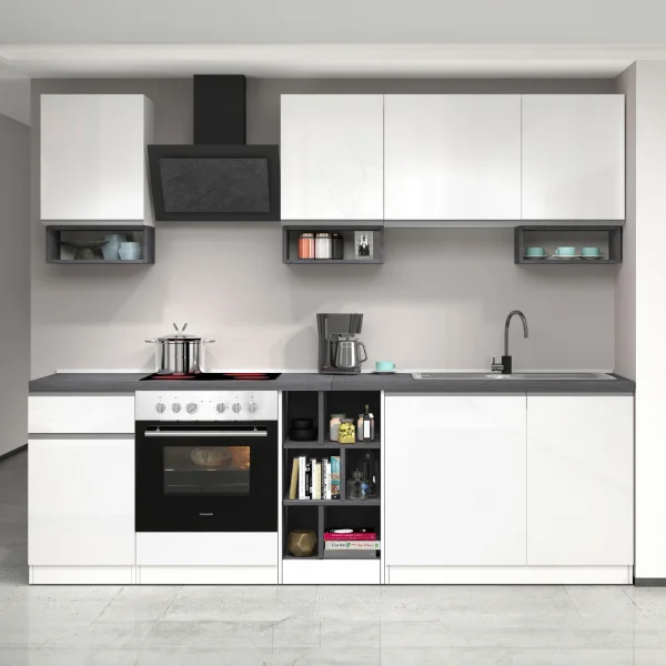 Cucina 255cm componibile lineare moderna bianco grigio pietra Gourmet Elegance