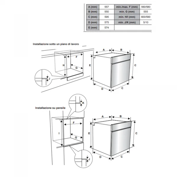 Forno statico da incasso 60x58cm con ventola di raffreddamento nero Atlantic