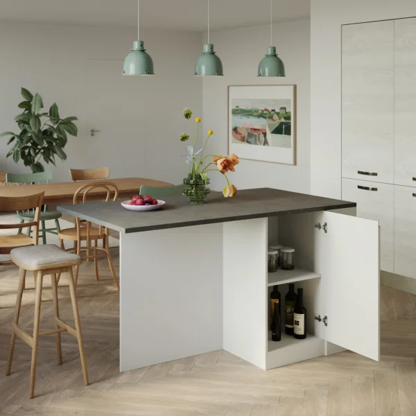 Isola cucina centrale 160x90cm 2 ante e vani bianco laccato con piano grigio effetto pietra Gourmet