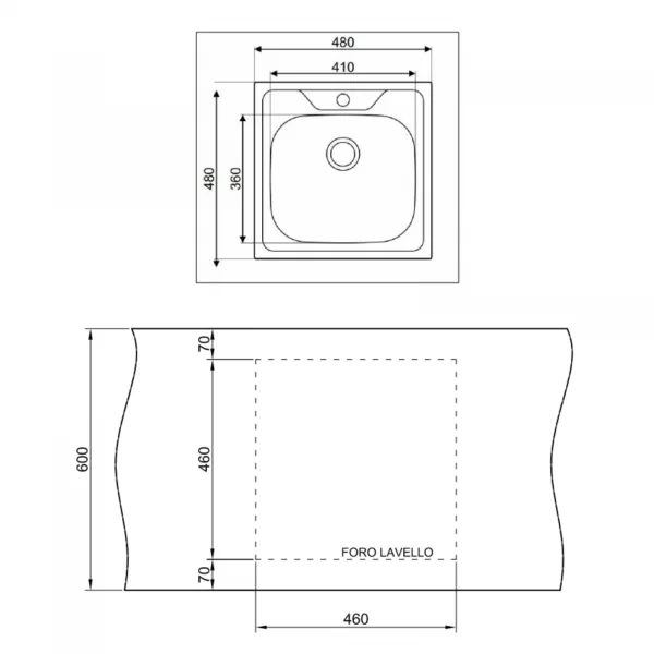 Lavello a pozzetto 48x48cm 1 vasca acciaio inox Prokit