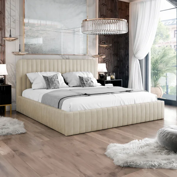 Letto contenitore alla francese 140x200 imbottito velluto beige Poffi