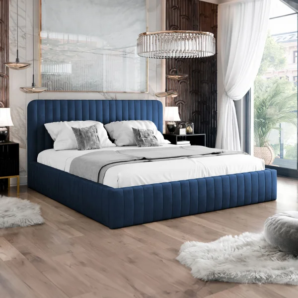 Letto contenitore alla francese 140x200 imbottito velluto blu Poffi