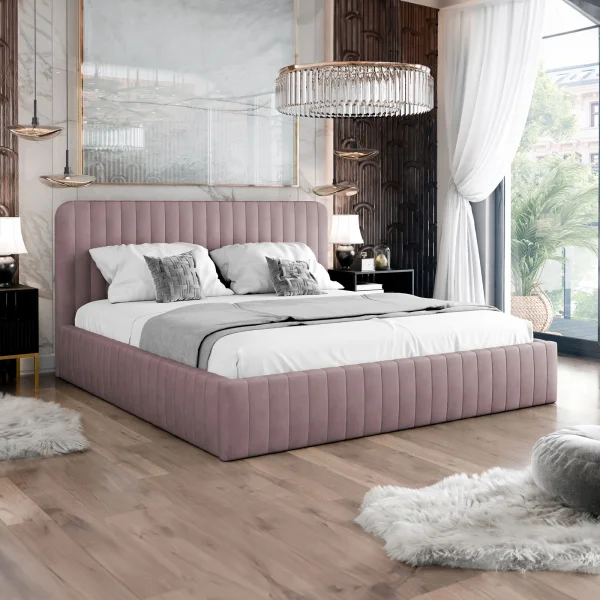 Letto contenitore alla francese 140x200 imbottito velluto rosa Poffi