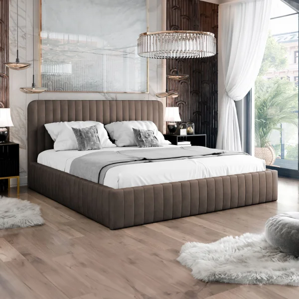 Letto contenitore matrimoniale oversize 180x200 imbottito velluto marrone Poffi