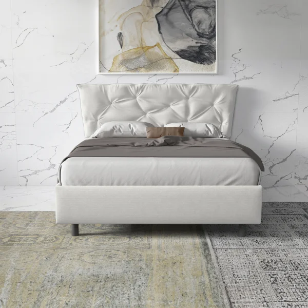 Letto contenitore matrimoniale 160x195cm imbottito tessuto bianco DreamSpace