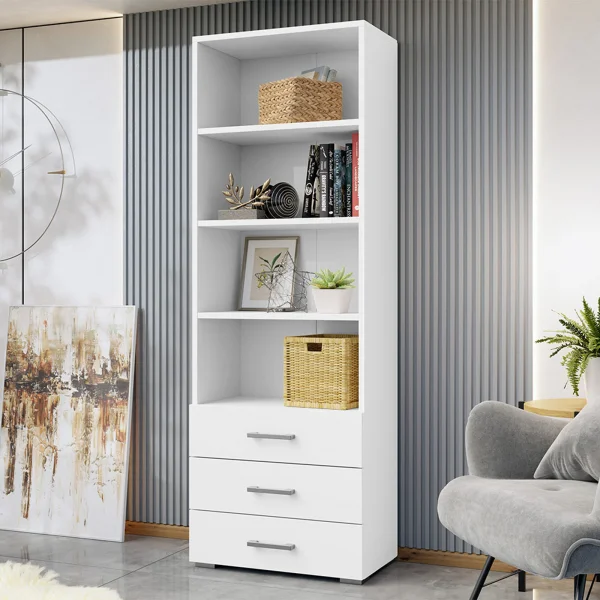 Libreria 63x190cm design moderno 3 cassetti bianco Pastello