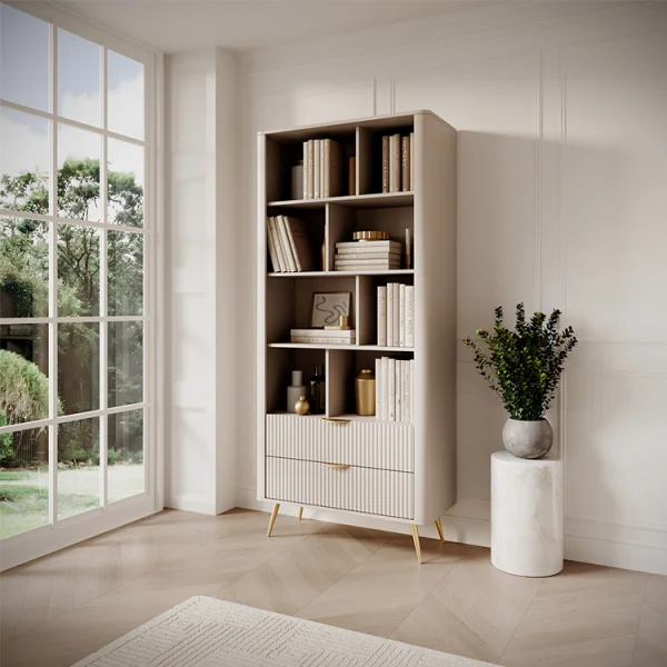 Libreria 88x194cm 2 cassetti 8 vani a giorno beige cannettato Ramis