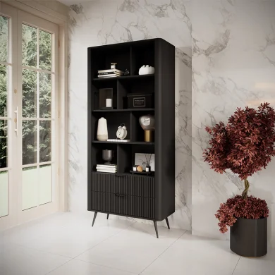 Libreria 88x194cm 2 cassetti 8 vani a giorno nero opaco cannettato Ramis