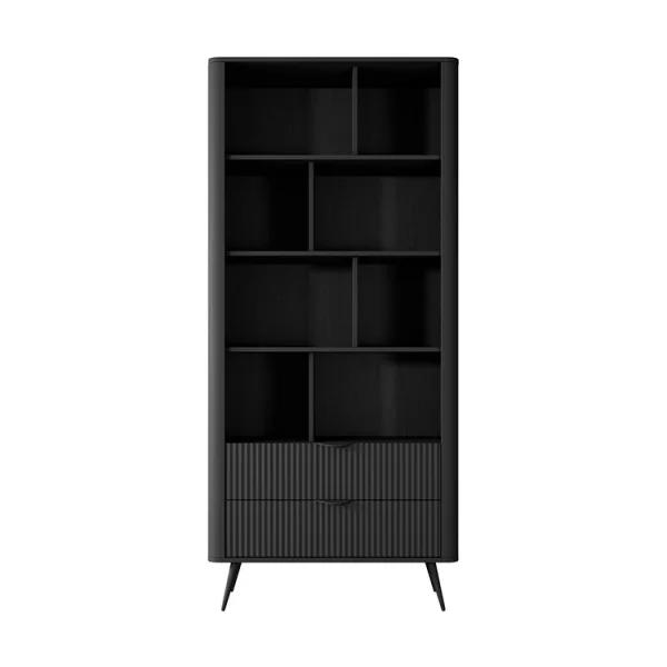 Libreria 88x194cm 2 cassetti 8 vani a giorno nero opaco cannettato Ramis