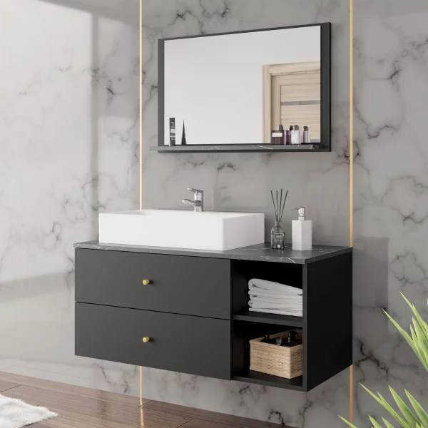 Mobile bagno 100x150cm sospeso con specchio 2 cassetti nero Krom