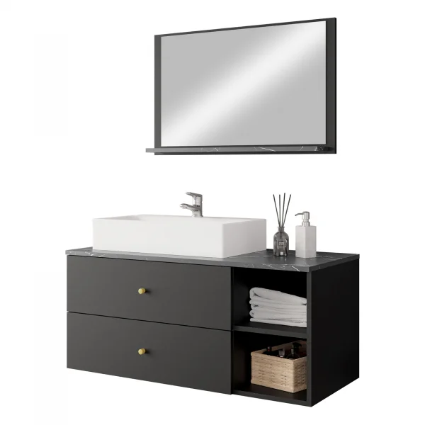 Mobile bagno 100x150cm sospeso con specchio 2 cassetti nero Krom