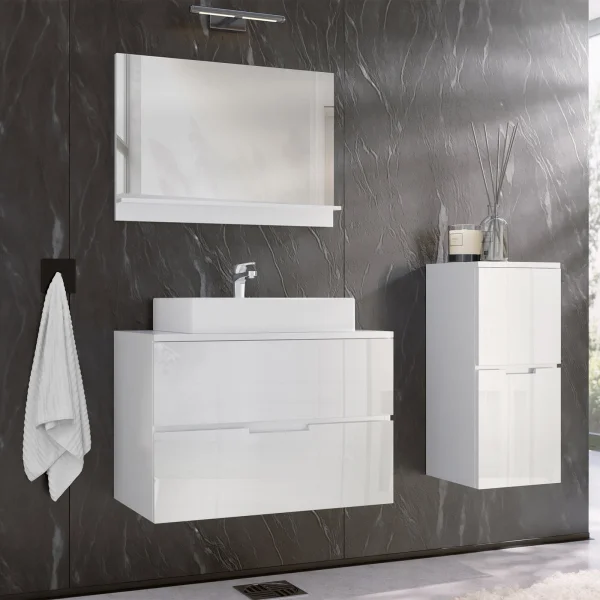 Mobile bagno 130x150cm sospeso con specchio colonna bianco lucido Sparkle