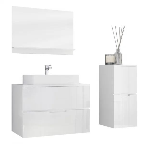 Mobile bagno 130x150cm sospeso con specchio colonna bianco lucido Sparkle