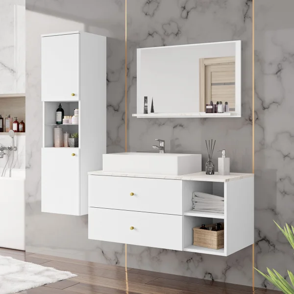 Mobile bagno 150x150cm sospeso con specchio colonna bianco Krom