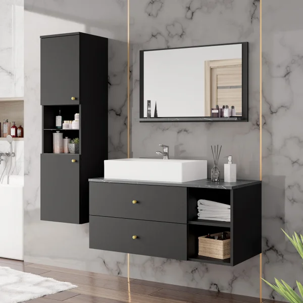 Mobile bagno 150x150cm sospeso con specchio colonna nero Krom