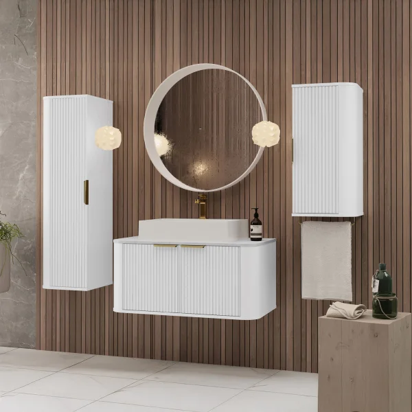 Mobile bagno 200x150cm sospeso 2 colonne cannettato bianco Lusso