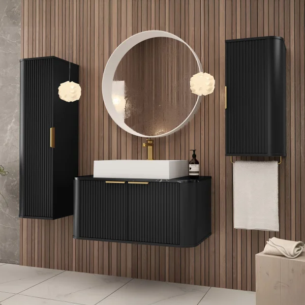 Mobile bagno 200x150cm sospeso 2 colonne cannettato nero Lusso