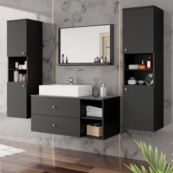 Mobile bagno 200x150cm sospeso con specchio 2 colonne nero Krom