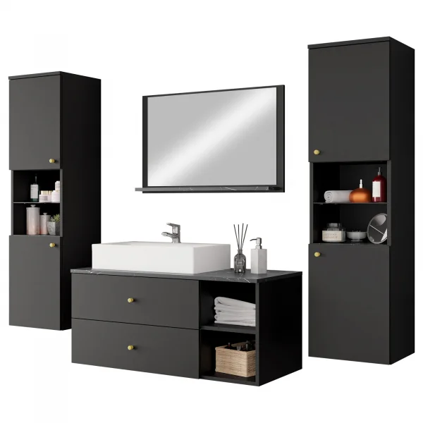 Mobile bagno 200x150cm sospeso con specchio 2 colonne nero Krom