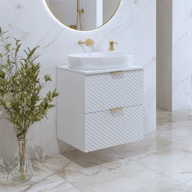 Mobile bagno 61x63cm sospeso 2 cassetti bianco frontali decorati Konny