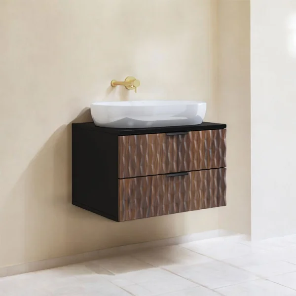 Mobile bagno 64x40cm sospeso 2 cassetti nero frontali noce decorati Silvy