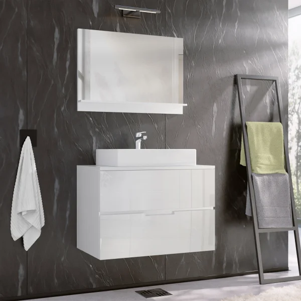 Mobile bagno 80x150cm sospeso con specchio 2 cassetti bianco lucido Sparkle