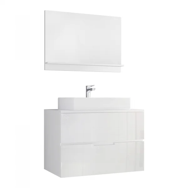 Mobile bagno 80x150cm sospeso con specchio 2 cassetti bianco lucido Sparkle