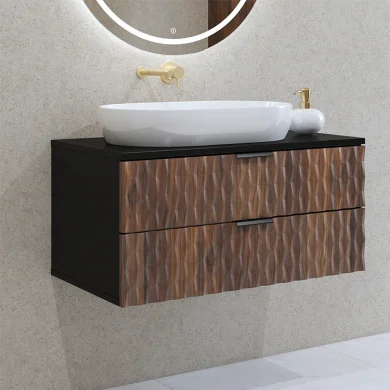 Mobile bagno 82x40cm sospeso 2 cassetti nero frontali noce decorati Silvy