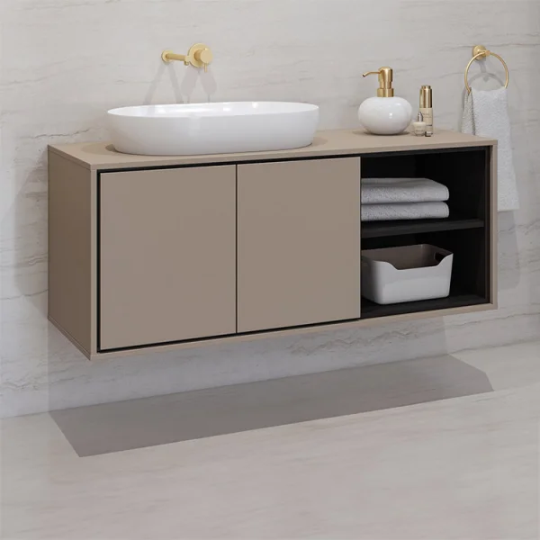 Mobile bagno sospeso 120x51cm 2 ante 2 vani a giorno tortora nero Linda